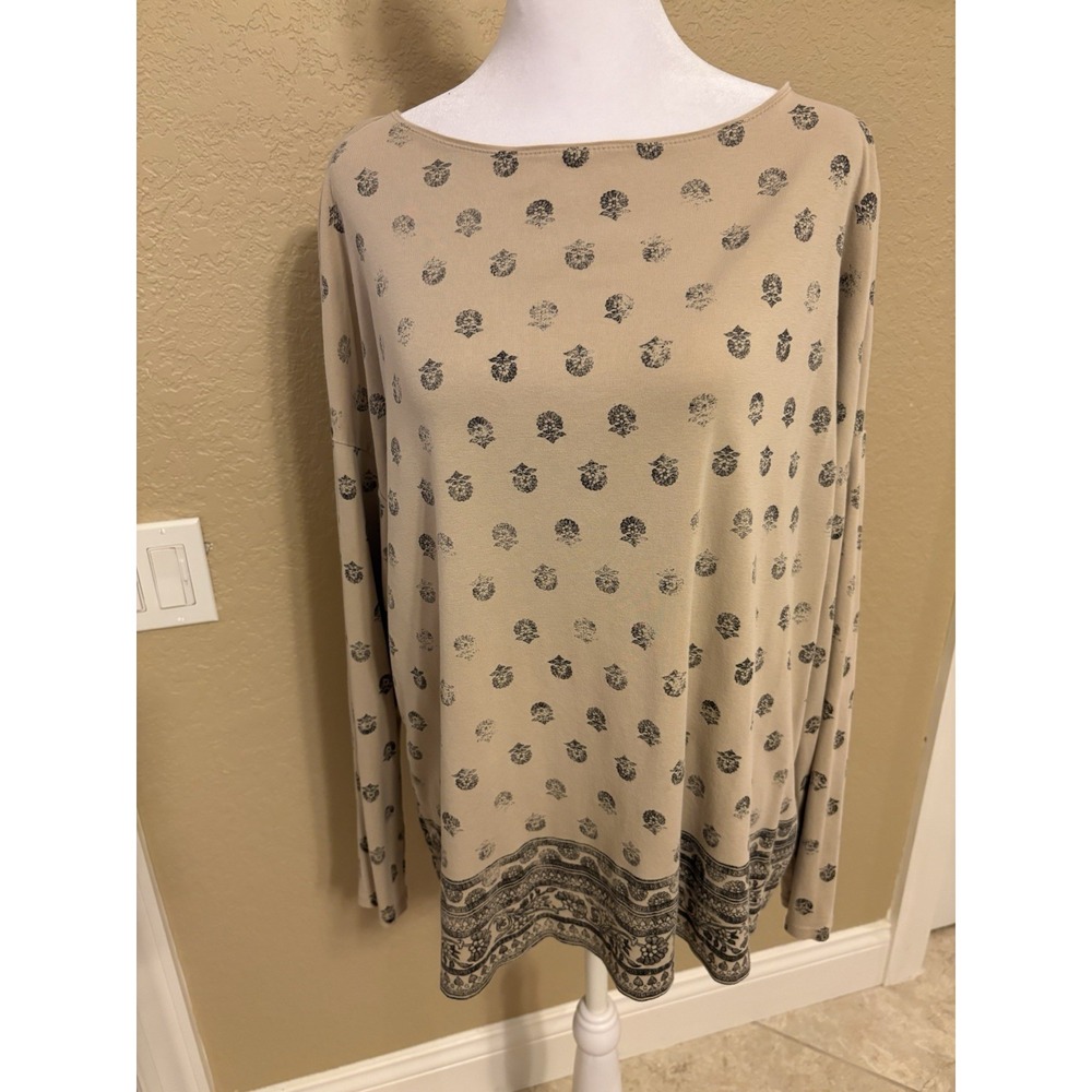 J Jill‎ Perfect Pima Long Sleeve Tee Shirt, Beige With Black Print, Large